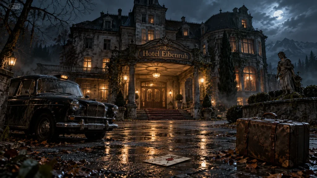 Das verlassene Hotel Eibenruh bei Nacht im Regen. Links ein altes Taxi, auf dem Vorplatz ein versiegelter Brief und rechts ein alter Koffer.